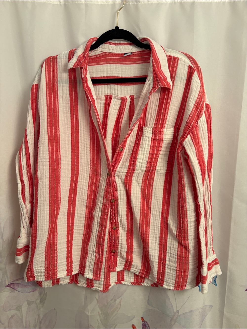 Woven women’s large Stripe Button-Up Shirt - Red & White